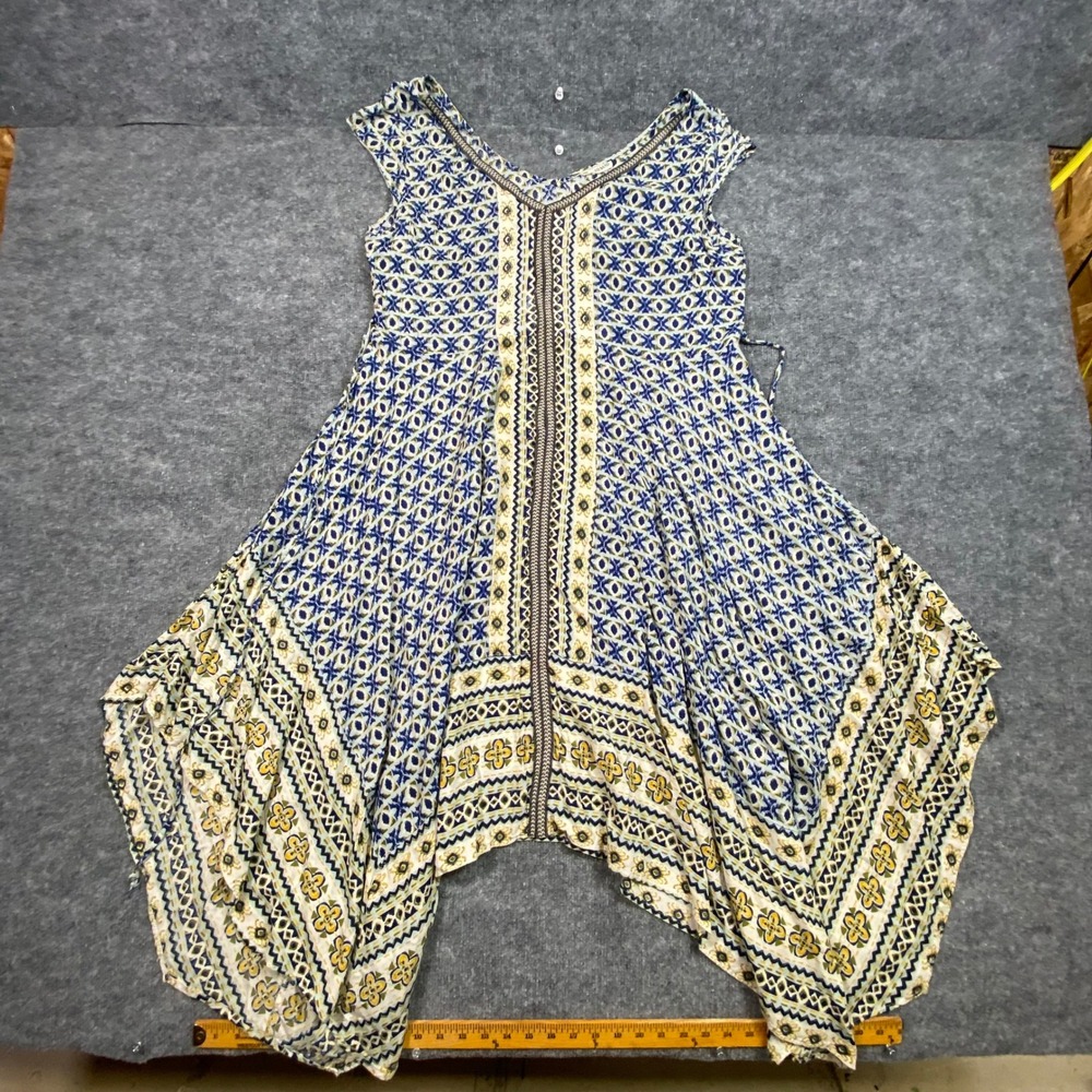 Sky and Sand Womens Blue Geometric Medallion Handkerchief Hem Boho Dress
